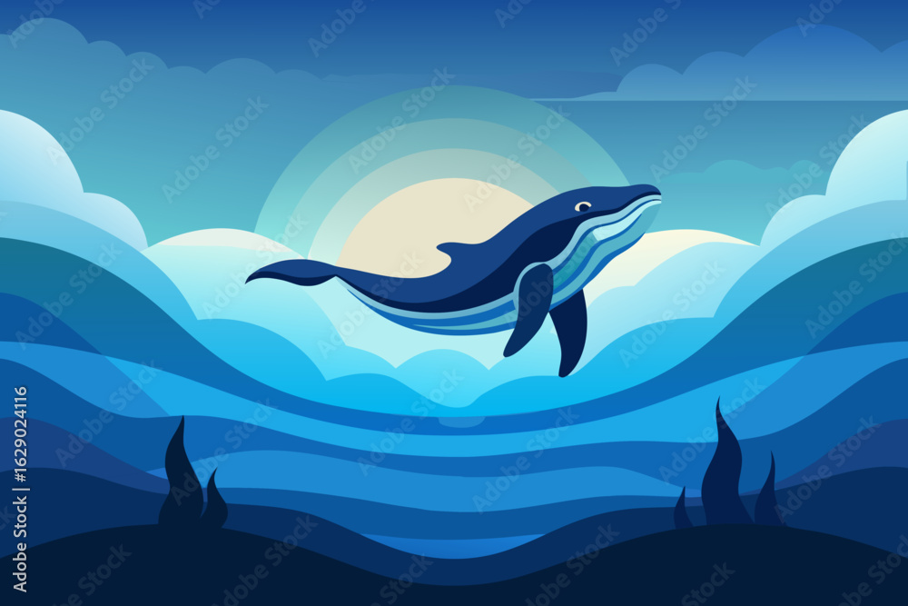Naklejka premium Whale breaches ocean surface, stylized vector art evokes peace and tranquility, perfect for children's illustrations