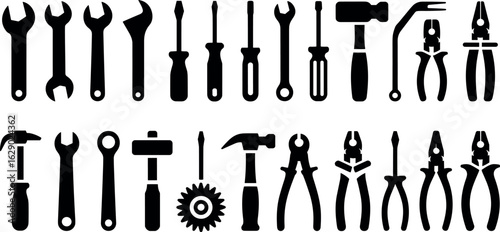 Collection of silhouetted hand tools including wrenches screwdrivers pliers hammers and saws