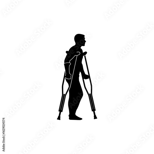 Silhouette of a man using crutches for support while walking and recovering from an injury or ailment
