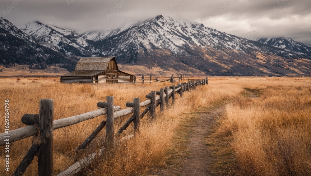 Rustic barn nestled in a golden field, snow-capped mountains in the distance Rustic barn nestled in a golden field, snow-capped mountains in the distance