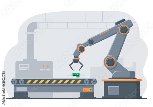 Robotic Arm Picking Up Microchip on Conveyor Belt in Factory Setting.