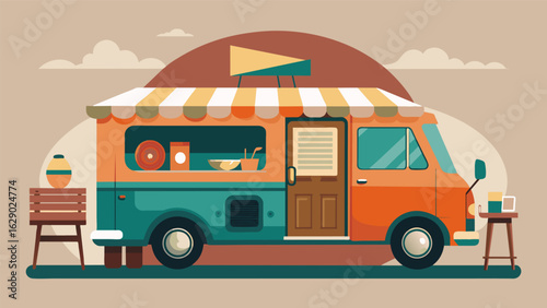 A cozy and intimate mobile vinyl van featuring a warm and inviting interior and a turntable playing soothing acoustic tunes parked outside of a local Vector illustration