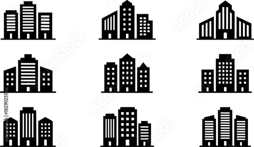 Collection of diverse black and white silhouette icons representing modern urban high rise buildings and skyscrapers