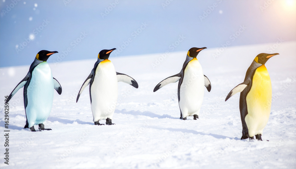 Fototapeta premium Emperor Penguins on Ice: A mesmerizing view of emperor penguins in a snow-covered landscape under a blue sky and bright sunshine.