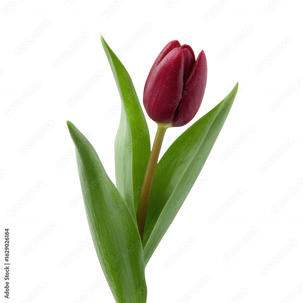 Naklejka premium A single red tulip with green leaves, isolated on a white background, showcasing its vibrant color and natural beauty.