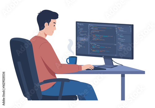 Man Coding at Desk with Monitor Coffee and Dark Blue Chair.
