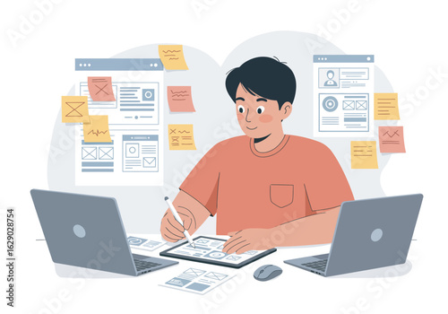 Focused Web Designer Working on UI-UX Mockups.