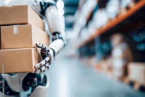 Humanoid robot carrying boxes in a smart logistics center with robotic arms operating around, clean industrial setting and realistic lighting.