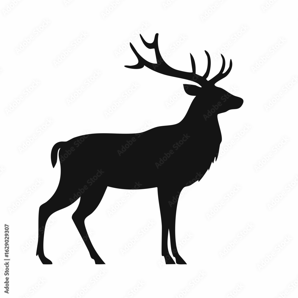 Fototapeta premium A black silhouette of a majestic stag with large antlers, standing in profile on a white background.