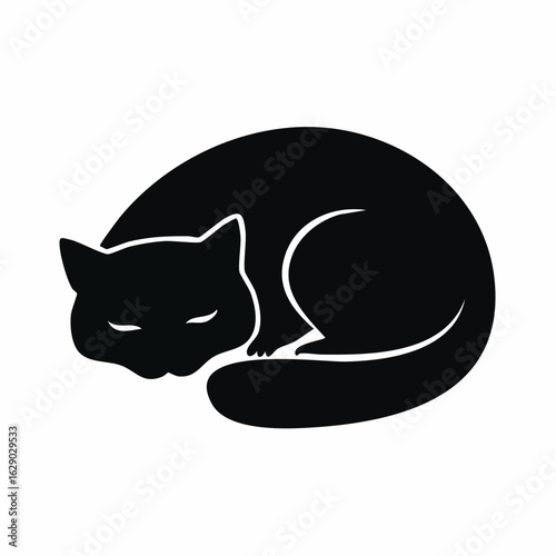 A curled-up black cat sleeps peacefully, its silhouette a simple, elegant form.