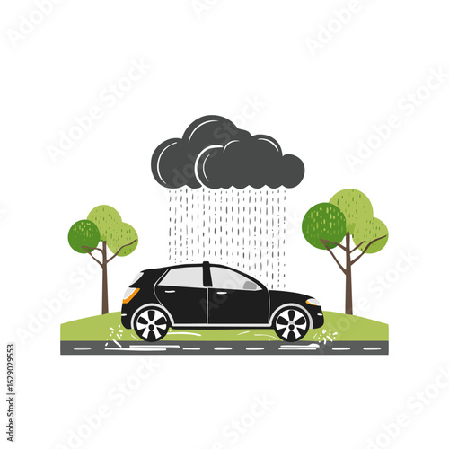 Black and white vector car driving through a rainstorm