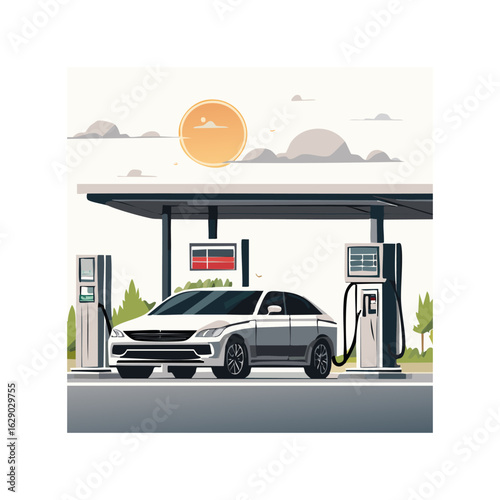 Black and white vector car parked at a gas station