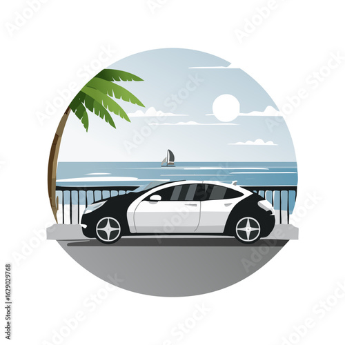 k and white vector car parked at an ocean lookout