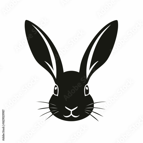 Stylized black silhouette of a rabbit's head, facing forward, showcasing long ears and whiskers.