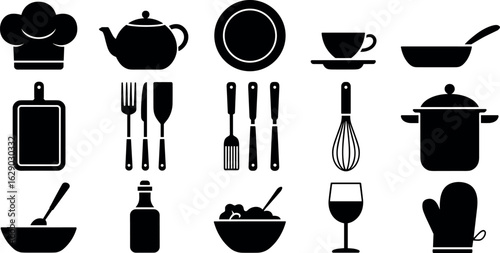 Collection of black silhouettes representing various kitchen utensils and cooking essentials