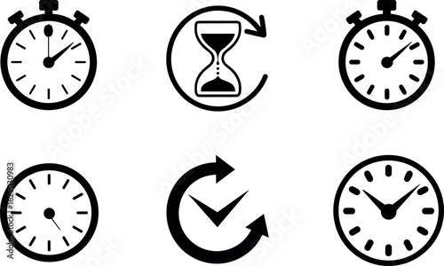 Collection of six distinct icons representing time management clocks and hourglasses with circular arrows