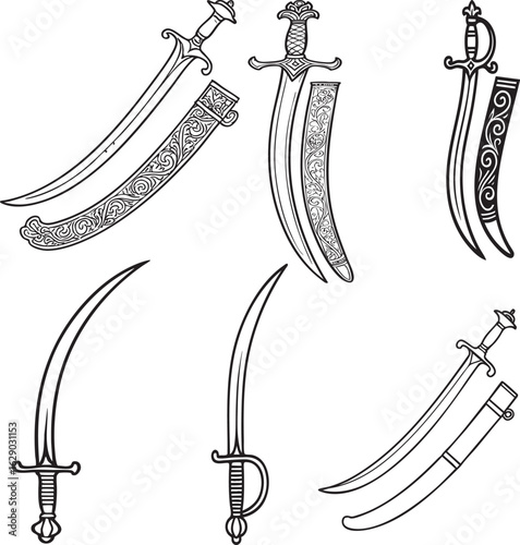 Ornate indian  Scimitar and  Indian Saber Sword Vector Set – Black and White Line Art Illustrations