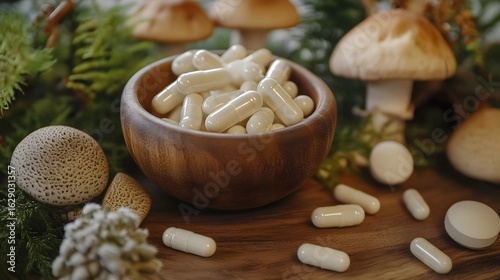 Mushroom Supplements in Wooden Bowl