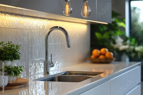 Lit kitchen sink.