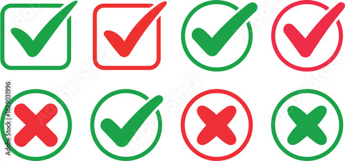 Collection of green checkmarks and red crosses in various geometric shapes representing choices