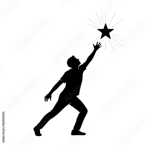 Silhouette of a man reaching for a star with radiating lines emanating from the star design element