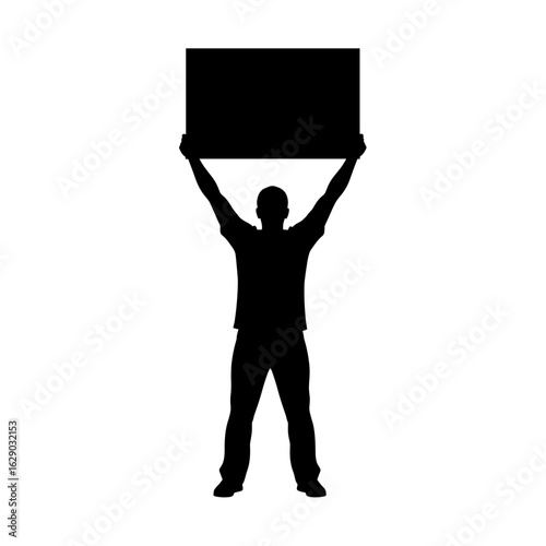 Silhouette of a person holding a rectangular sign aloft with both arms raised in a celebratory pose