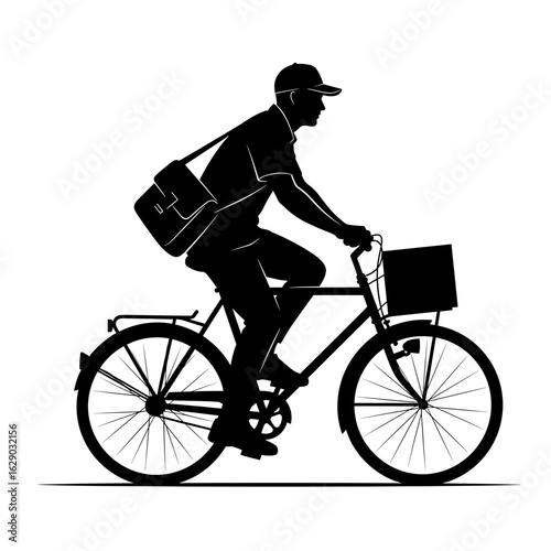 Silhouette of a man with a cap riding a bicycle with a bag and a basket in a side view illustration