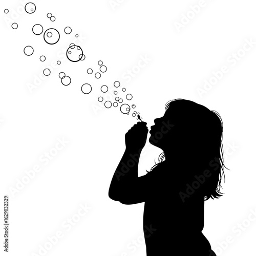 Silhouette of a girl blowing bubbles into the air with a bubble wand creating floating spheres of soapy water