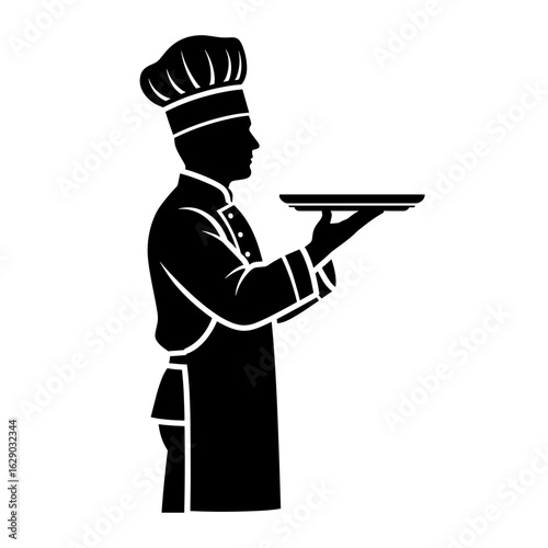 Silhouette of a chef holding a tray wearing apron and toque in side profile professional presentation