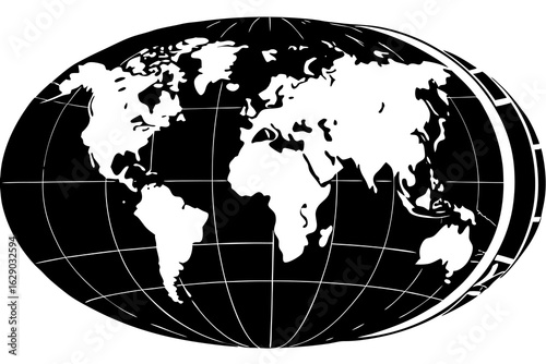 Vector black and white world map projection with visible continents and grid lines showing latitude and longitude