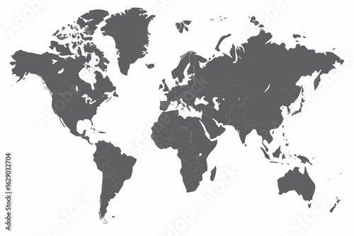 Vector detailed world map illustration featuring continents countries and geographical borders in gray and white tones