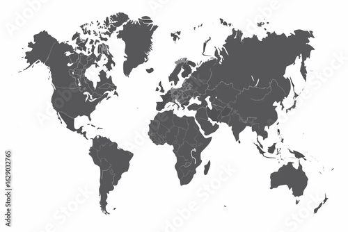 Vector a world map showing continents and country borders in a muted gray color scheme on a white background view