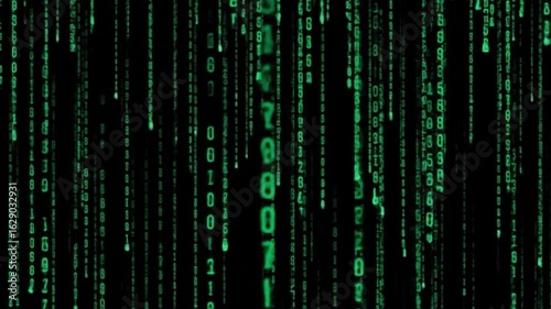 Green digital code cascading on black background