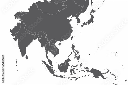 Vector a detailed gray map of asia showcasing the continent and its surrounding islands and geographical borders