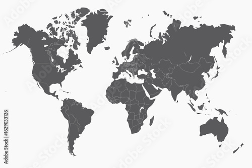 Vector a gray world map displaying continents and countries on a white background showing geographical regions