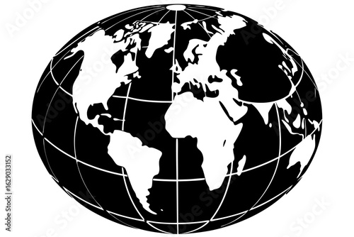 Vector a black and white globe with continents and grid lines showing earth's geography and global representation