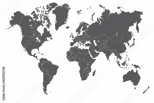 Vector detailed world map showing continents and country borders in shades of gray on a white background