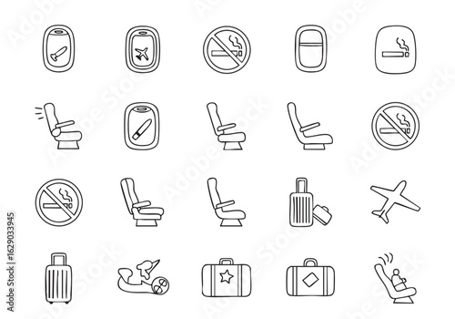 Airplane Travel Icons Collection Simple Outline Style for Web and Mobile Design Featuring Airplane Windows Seats and Luggage