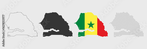 Senegal map detailed in outline, grey, flag color, and dotted style