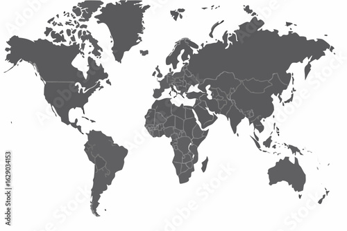 Vector gray world map showing continents and country borders against a white background in a global view