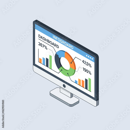 Computer monitor displaying charts and graphs on a light blue background.