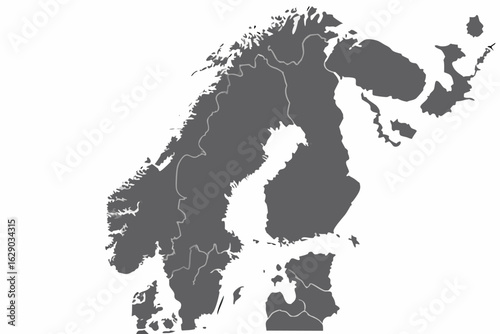 Vector gray scale map of scandinavia and surrounding areas including finland and parts of russia showing borders