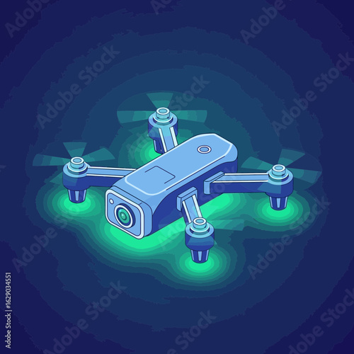 Blue drone with glowing green lights hovering against a dark blue background.