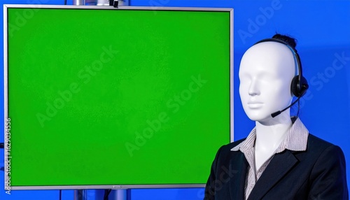 Mannequin in headset, green screen
