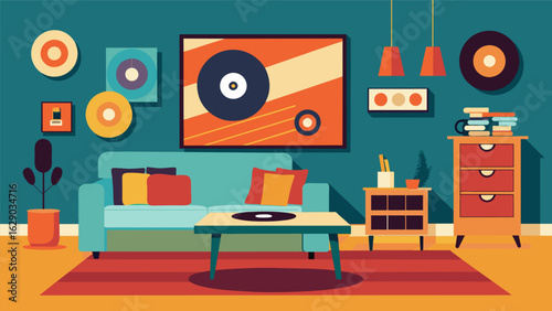 A living room adorned with a mix of vinyls creating a bohemian and eclectic ambiance. Vector illustration