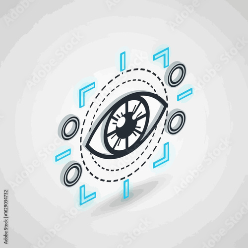 Isometric eye icon with blue digital scanning frame on white background.
