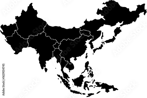 Vector black silhouette map of asia continent with country borders and islands on a white background view