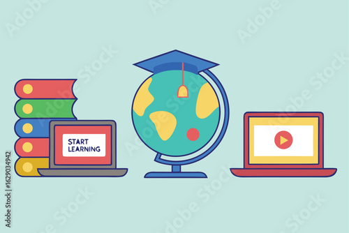 Education Concept with Books Globe and Laptops on Light Blue Background learning knowledge