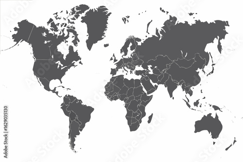 Vector detailed world map showing continents and country borders in a grayscale color scheme representation
