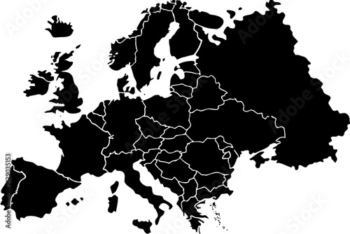 Vector black silhouette map of europe with visible country borders and island outlines against white background